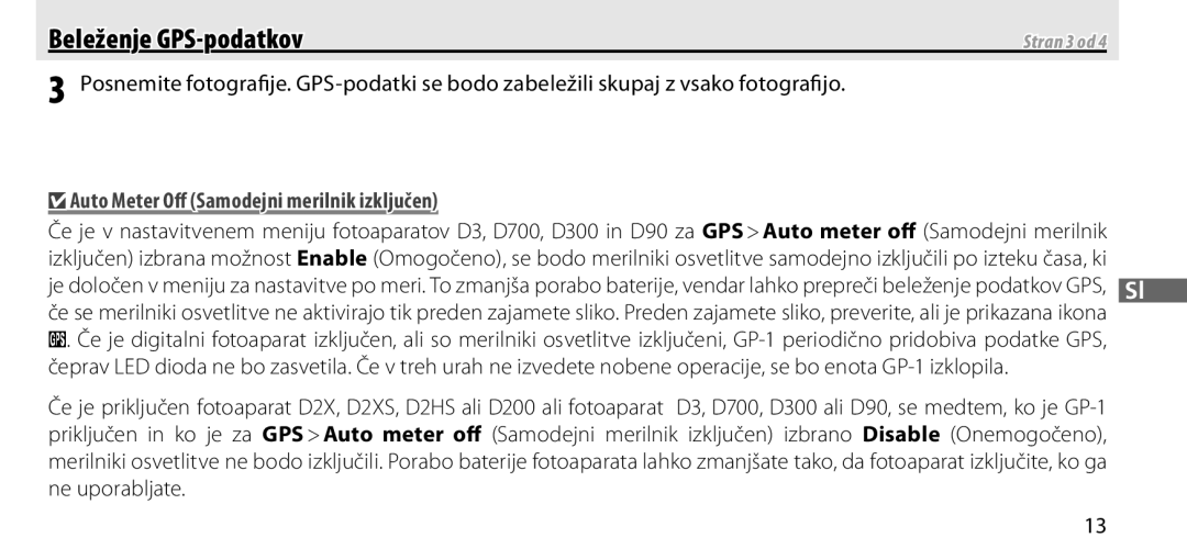 Nikon GP-1 manual Auto Meter Oﬀ Samodejni merilnik izključen, Stran 3 od 