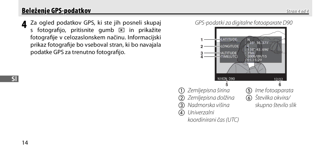 Nikon GP-1 manual Beleženje GPS-podatkov, Stran 4 od 