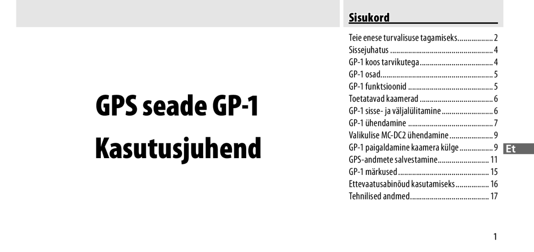 Nikon manual GPS seade GP-1 Kasutusjuhend, Sisukord 