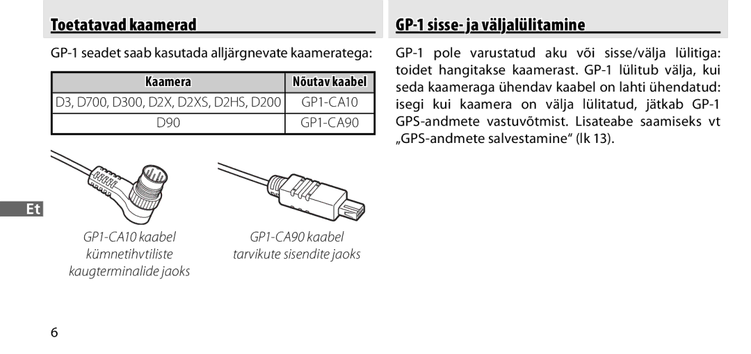 Nikon manual Toetatavad kaamerad, GP-1 sisse- ja väljalülitamine, Kaamera, Nõutav kaabel 