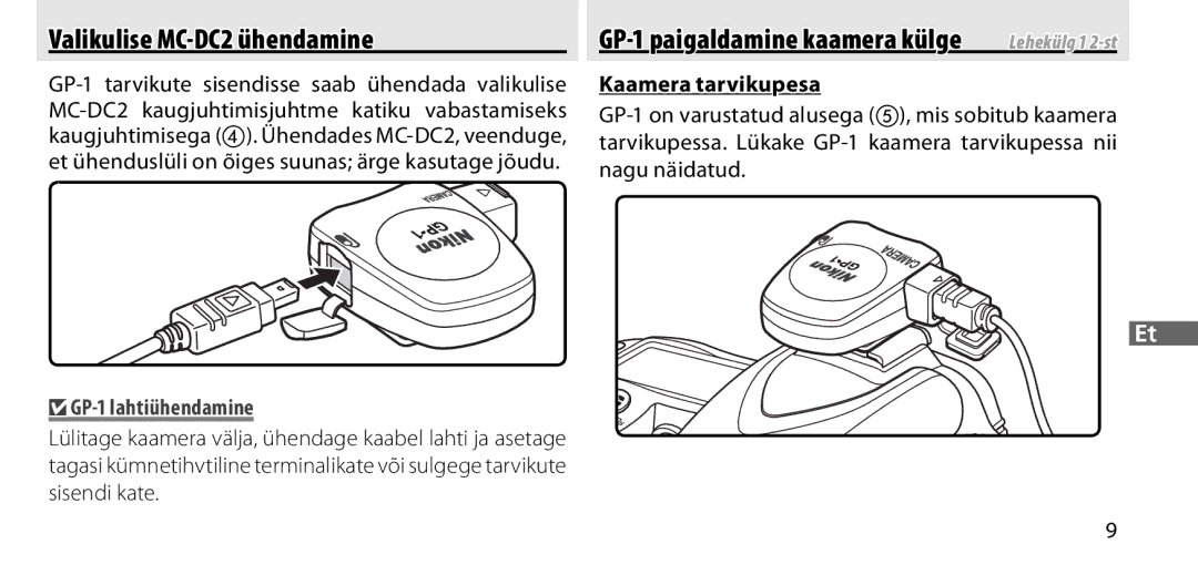 Nikon manual Valikulise MC-DC2 ühendamine, GP-1 lahtiühendamine, Kaamera tarvikupesa 