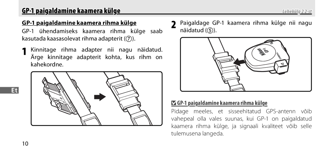 Nikon manual GP-1 paigaldamine kaamera külge, GP-1 paigaldamine kaamera rihma külge 