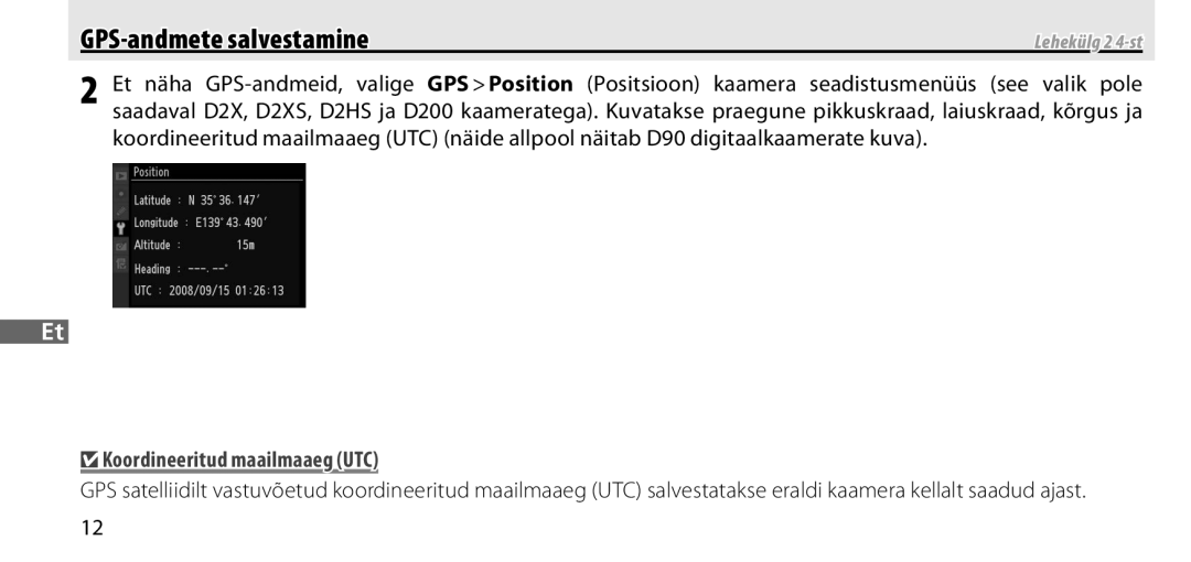 Nikon GP-1 manual GPS-andmete salvestamine, Koordineeritud maailmaaeg UTC, Lehekülg 2 4-st 