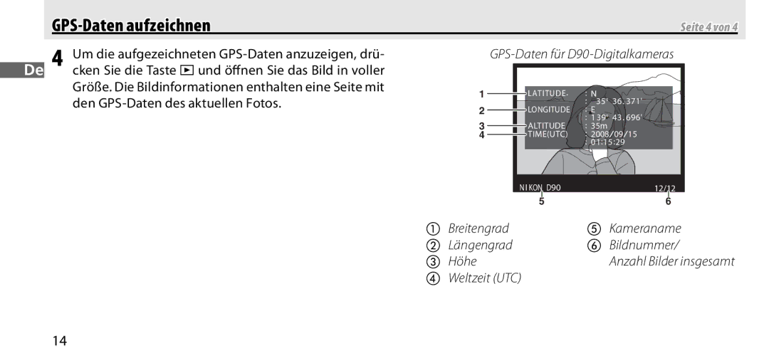 Nikon GP-1 manual Um die aufgezeichneten GPS-Daten anzuzeigen, drü, Den GPS-Daten des aktuellen Fotos, Seite 4 von 