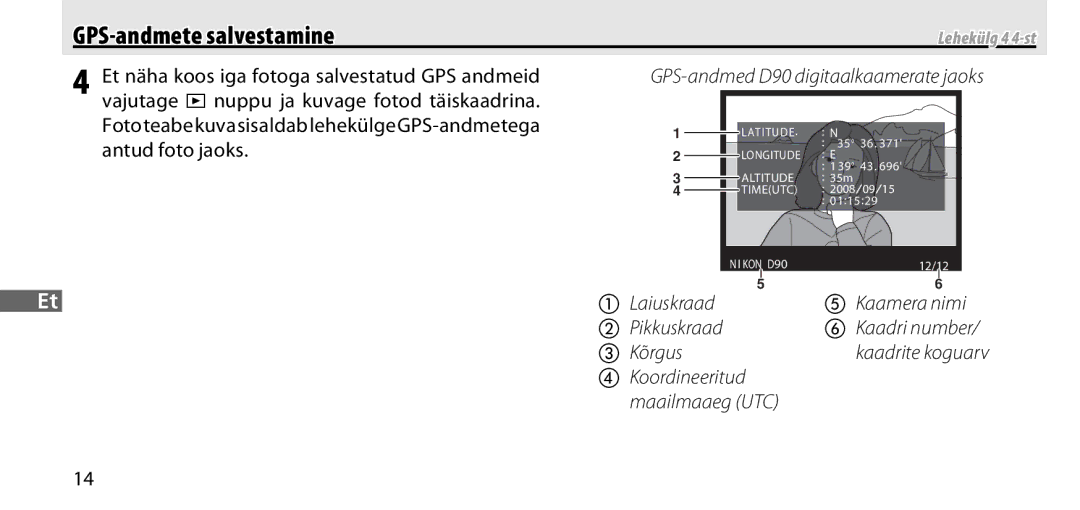 Nikon GP-1 manual Et näha koos iga fotoga salvestatud GPS andmeid, Antud foto jaoks, Lehekülg 4 4-st 