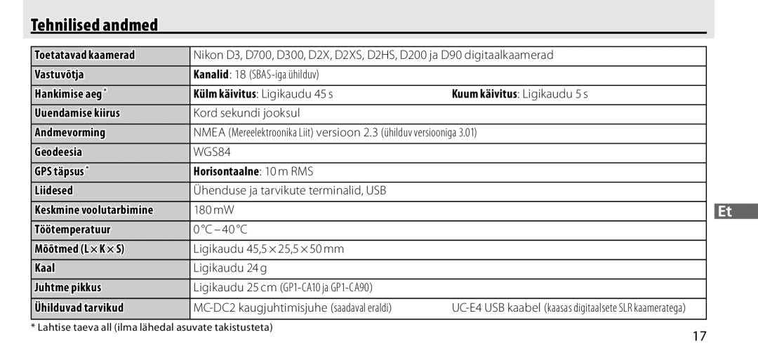 Nikon GP-1 manual Tehnilised andmed, Keskmine voolutarbimine 