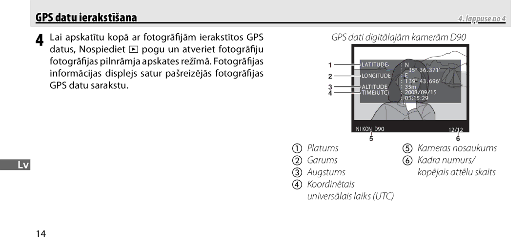 Nikon GP-1 manual Lai apskatītu kopā ar fotogrāﬁjām ierakstītos GPS, Informācijas displejs satur pašreizējās fotogrāﬁjas 