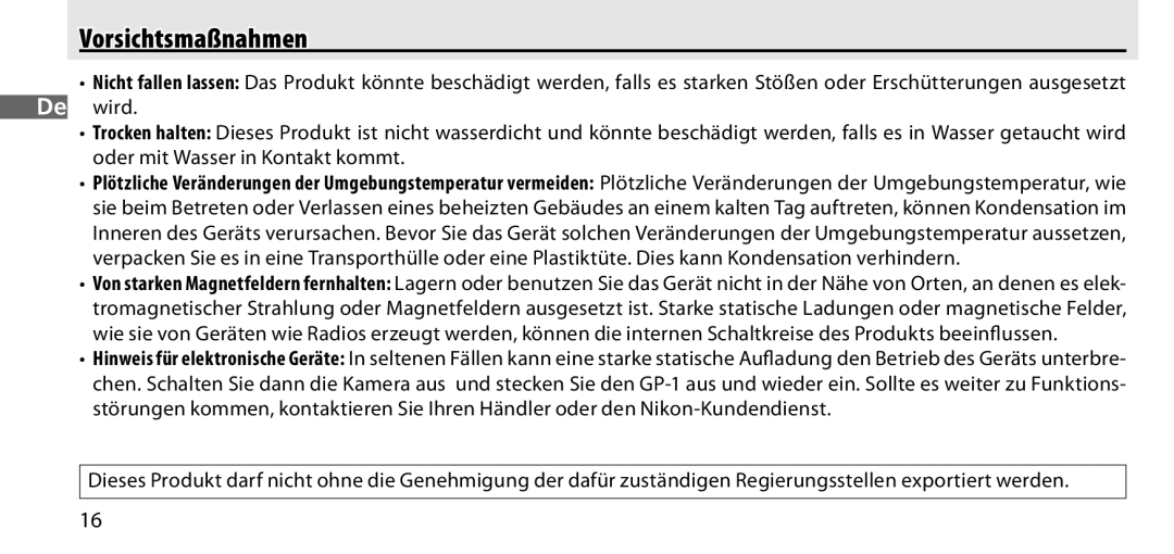 Nikon GP-1 manual Vorsichtsmaßnahmen 