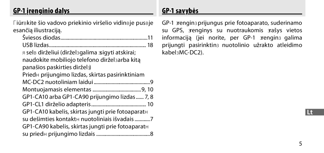 Nikon manual GP-1 įrenginio dalys, GP-1 savybės, Esančią iliustraciją, GP1-CA10 kabelis, skirtas jungti prie fotoaparatų 