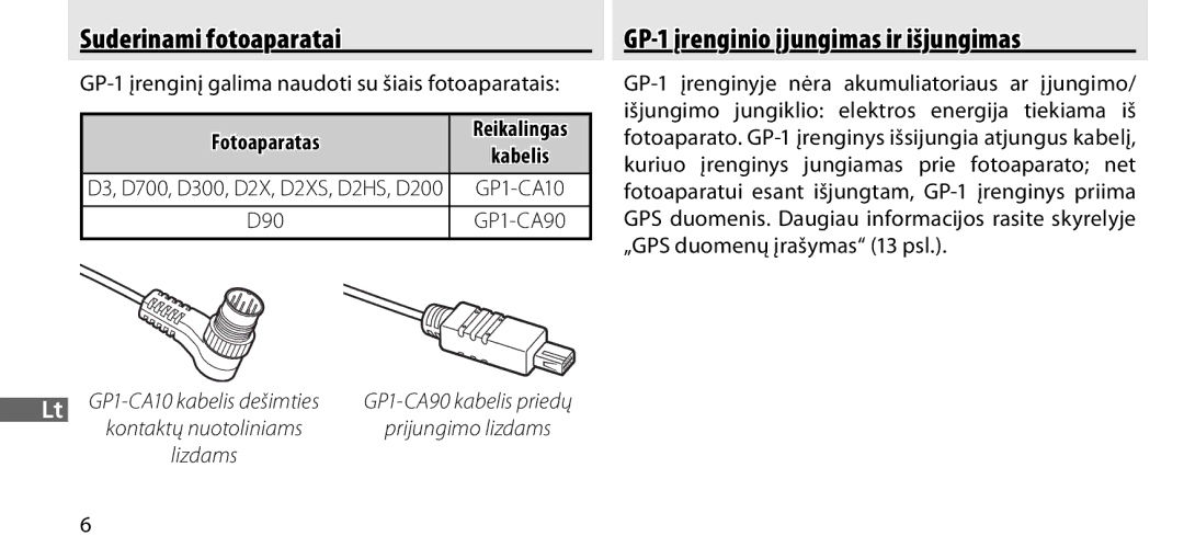 Nikon manual Suderinami fotoaparatai, GP-1 įrenginio įjungimas ir išjungimas, Fotoaparatas, Kabelis 