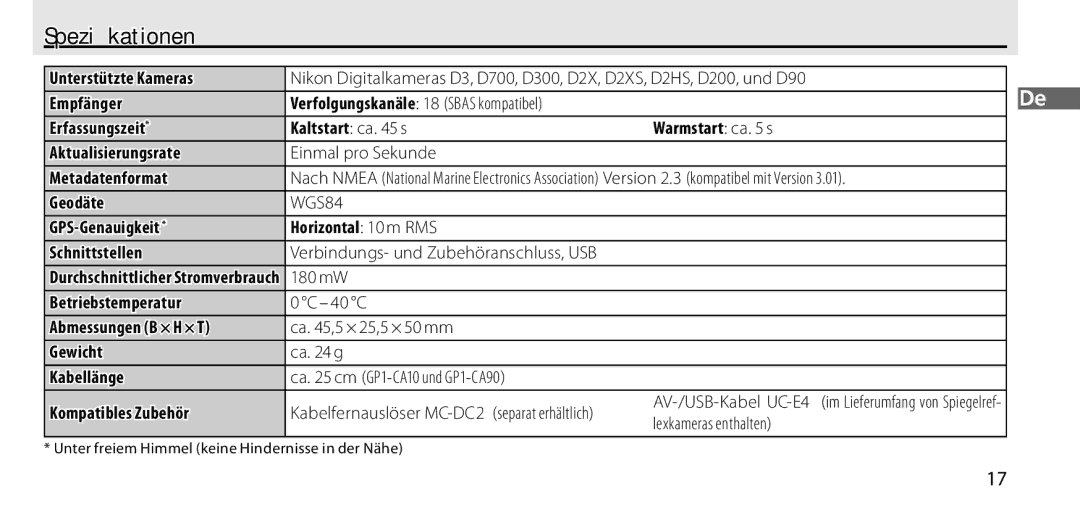 Nikon GP-1 manual Speziﬁkationen, Kabelfernauslöser MC-DC2 separat erhältlich 