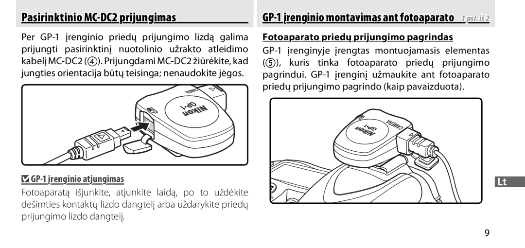 Nikon manual Pasirinktinio MC-DC2 prijungimas, GP-1 įrenginio atjungimas, Fotoaparato priedų prijungimo pagrindas 