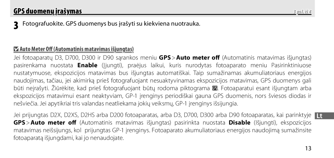 Nikon GP-1 manual Auto Meter Oﬀ Automatinis matavimas išjungtas 