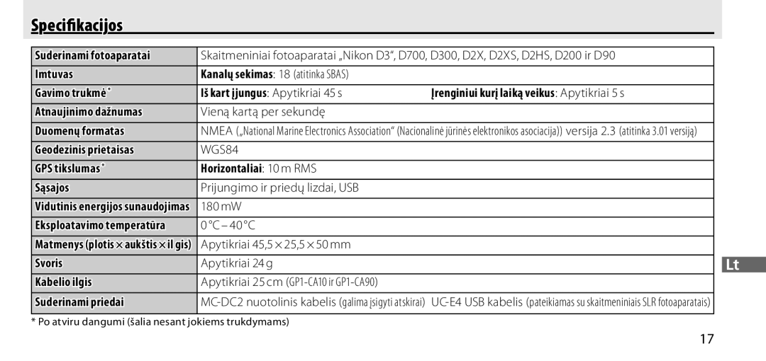 Nikon GP-1 manual Speciﬁkacijos, Eksploatavimo temperatūra, Apytikriai 25 cm GP1-CA10 ir GP1-CA90 