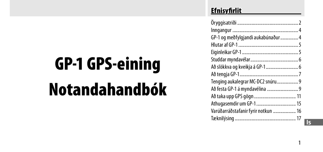 Nikon manual GP-1 GPS-eining Notandahandbók, Efnisyﬁrlit 