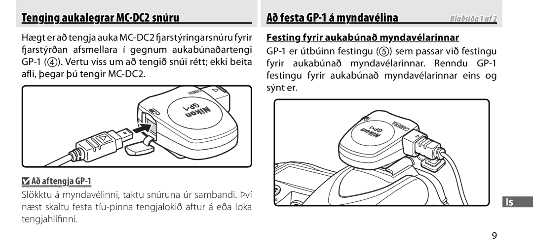 Nikon manual Tenging aukalegrar MC-DC2 snúru, Að festa GP-1 á myndavélina, Að aftengja GP-1 