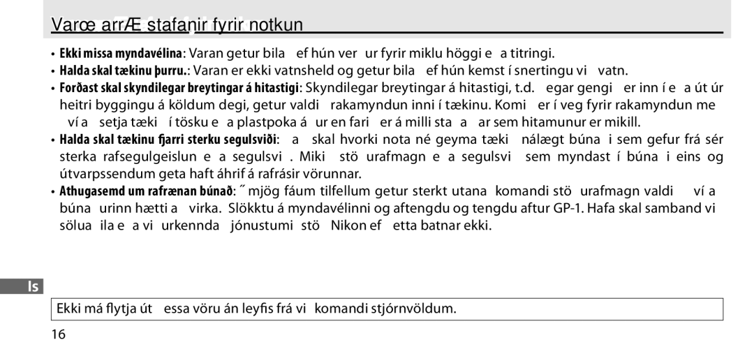 Nikon GP-1 manual Varúðarráðstafanir fyrir notkun 