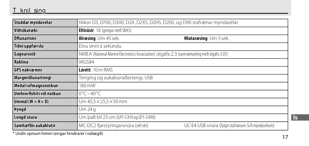 Nikon GP-1 manual Tæknilýsing, UC-E4 USB snúra fylgir stafrænum SLR myndavélum 