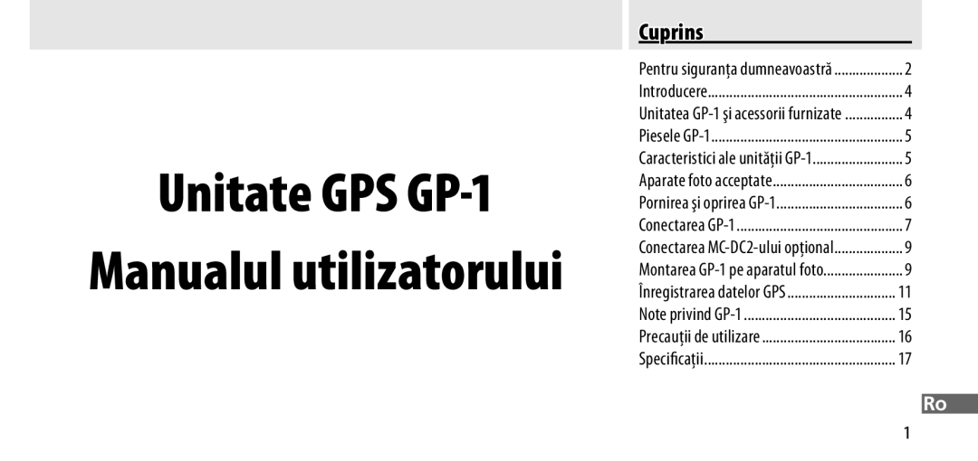 Nikon manual Unitate GPS GP-1, Cuprins 