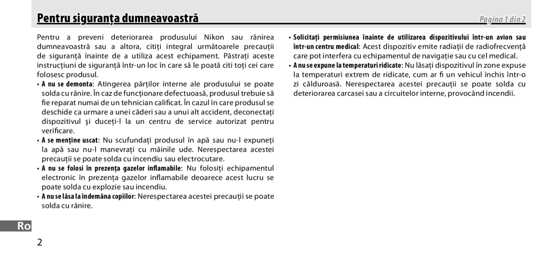 Nikon GP-1 manual Pentru siguranţa dumneavoastră, Pagina 1 din 