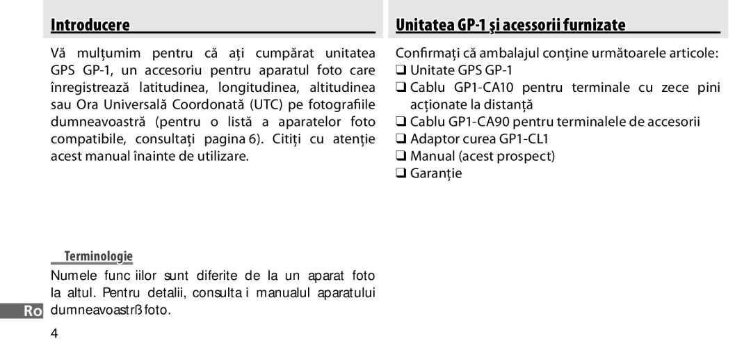 Nikon manual Introducere, Unitatea GP-1 şi acessorii furnizate, Ro dumneavoastră foto 