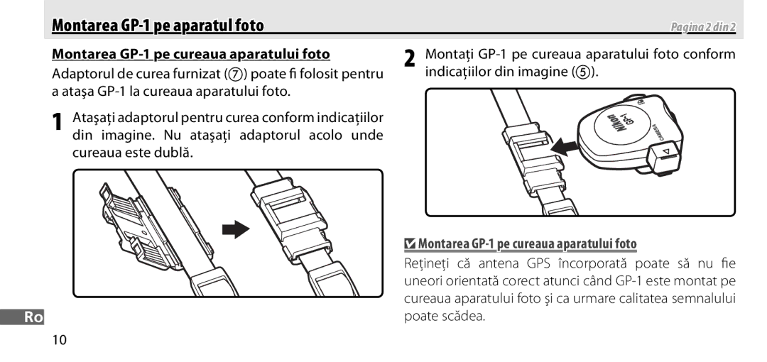 Nikon manual Montarea GP-1 pe aparatul foto, Montarea GP-1 pe cureaua aparatului foto 