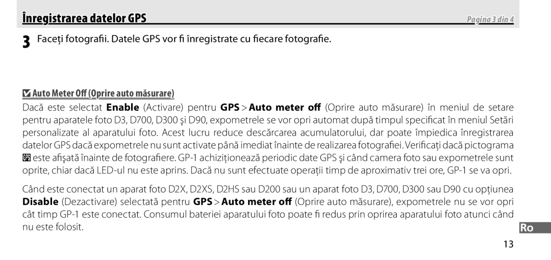 Nikon GP-1 manual Auto Meter Oﬀ Oprire auto măsurare, Nu este folosit, Pagina 3 din 