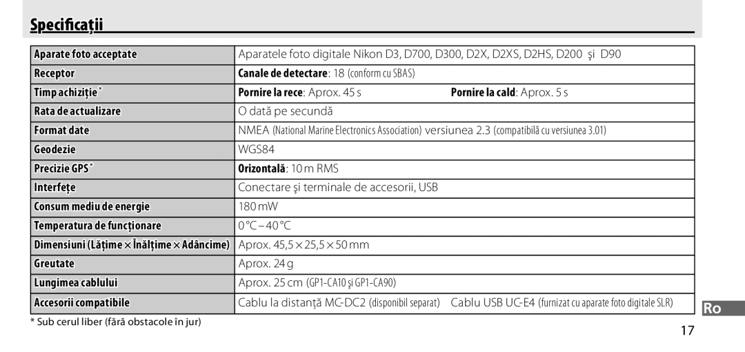 Nikon GP-1 manual Speciﬁcaţii, Canale de detectare 18 conform cu Sbas, Conectare şi terminale de accesorii, USB 