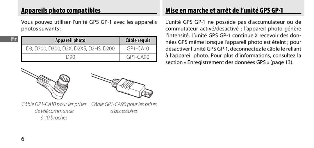 Nikon GP-1 manual Appareils photo compatibles, Câble requis 