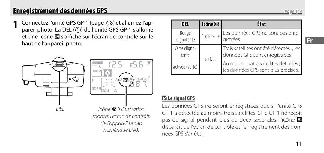 Nikon manual Enregistrement des données GPS, Pareil photo. La DEL de l’unité GPS GP-1 s’allume, Haut de l’appareil photo 