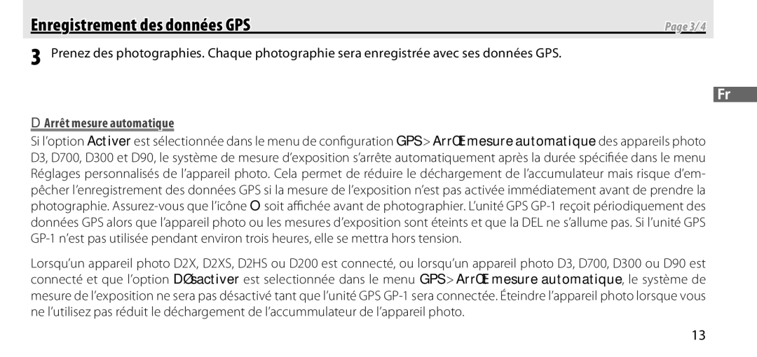 Nikon GP-1 manual Enregistrement des données GPS, Arrêt mesure automatique 