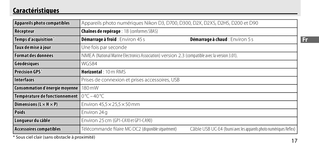 Nikon GP-1 manual Caractéristiques, Appareils photo compatibles, Chaînes de repérage 18 conformes Sbas 