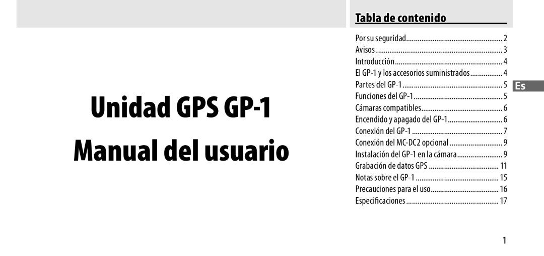 Nikon manual Tabla de contenido, Partes del GP-1 