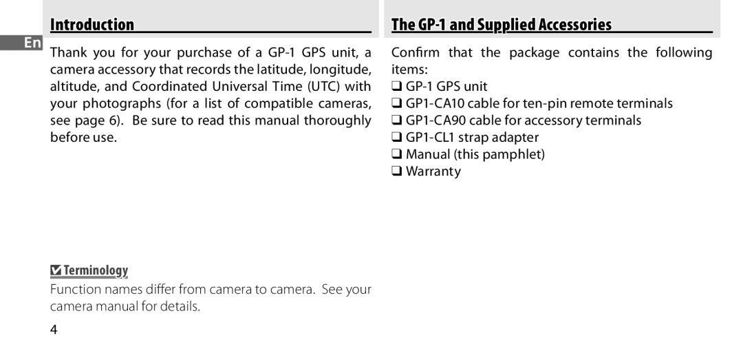 Nikon manual Introduction, GP-1 and Supplied Accessories, Terminology 