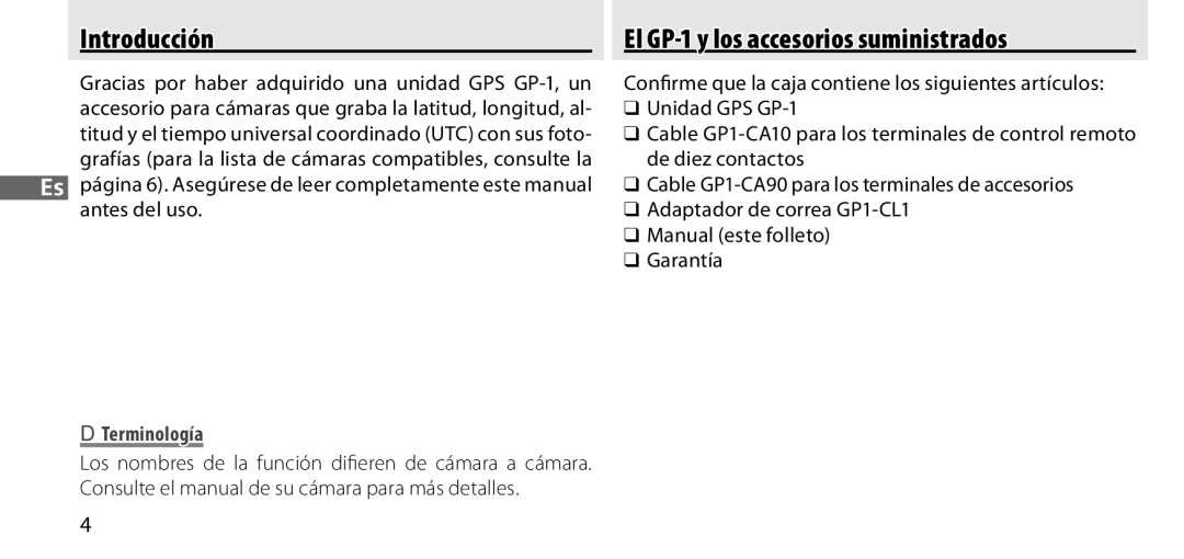 Nikon manual Introducción, El GP-1 y los accesorios suministrados, Antes del uso, Terminología 