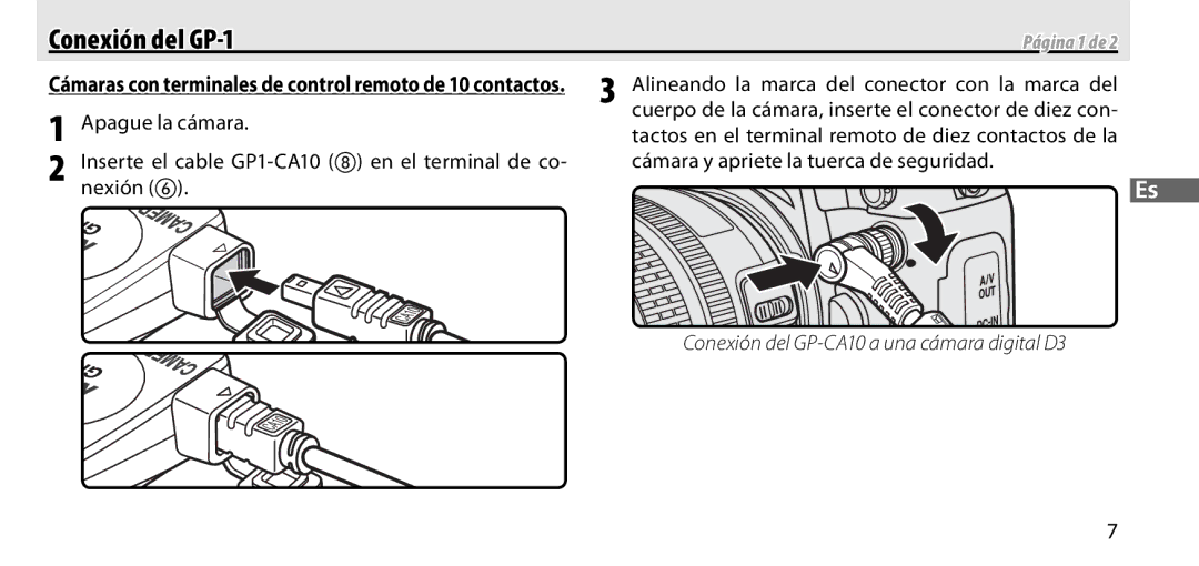 Nikon manual Conexión del GP-1, Apague la cámara, Nexión, Cámaras con terminales de control remoto de 10 contactos 