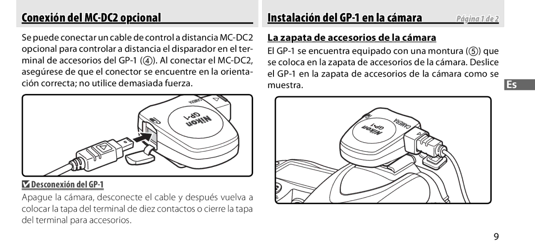 Nikon Conexión del MC-DC2 opcional, La zapata de accesorios de la cámara, Desconexión del GP-1, Muestra.Es, Página 1 de 