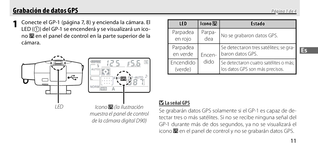 Nikon Grabación de datos GPS, LED del GP-1 se encenderá y se visualizará un ico, En verde Encen, Dido, La señal GPS 