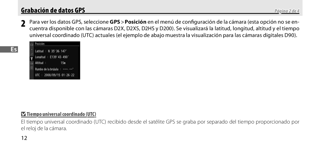 Nikon GP-1 manual Grabación de datos GPS, Tiempo universal coordinado UTC, Página 2 de 