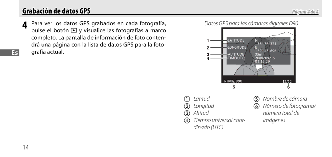 Nikon GP-1 manual Para ver los datos GPS grabados en cada fotografía, Drá una página con la lista de datos GPS para la foto 