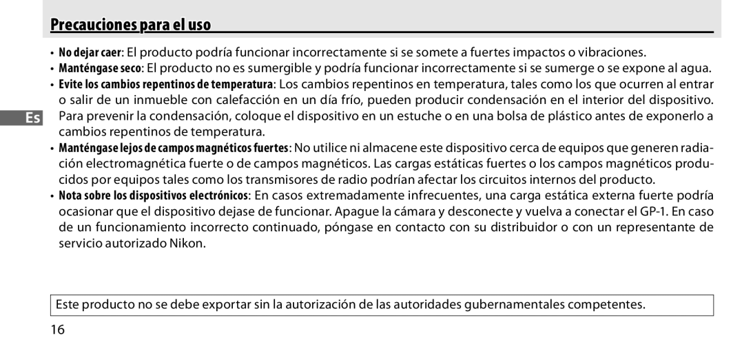 Nikon GP-1 manual Precauciones para el uso 