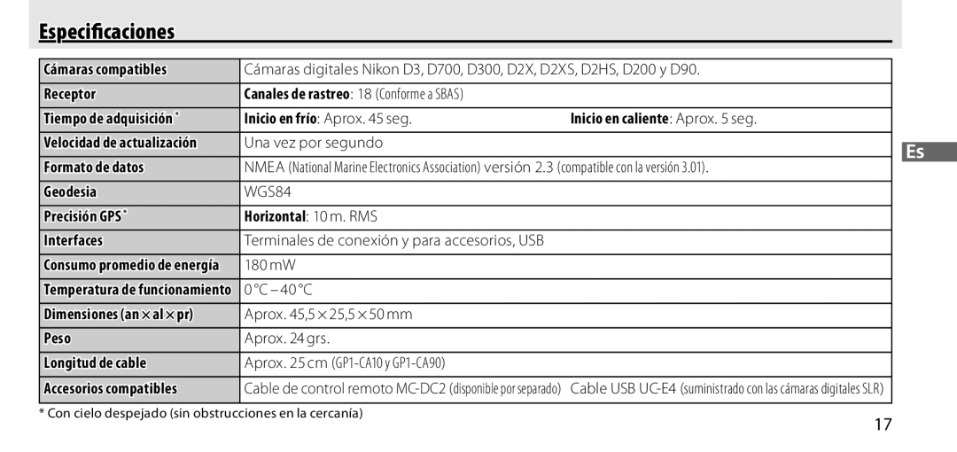 Nikon GP-1 manual Especiﬁcaciones, Velocidad de actualización, Dimensiones an × al × pr 