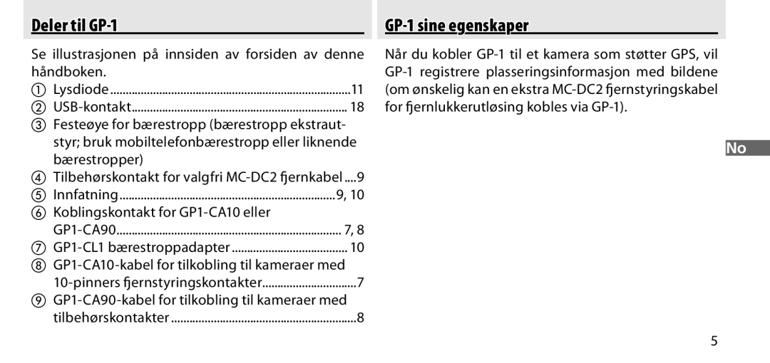 Nikon manual Deler til GP-1 GP-1 sine egenskaper, Håndboken, Koblingskontakt for GP1-CA10 eller 