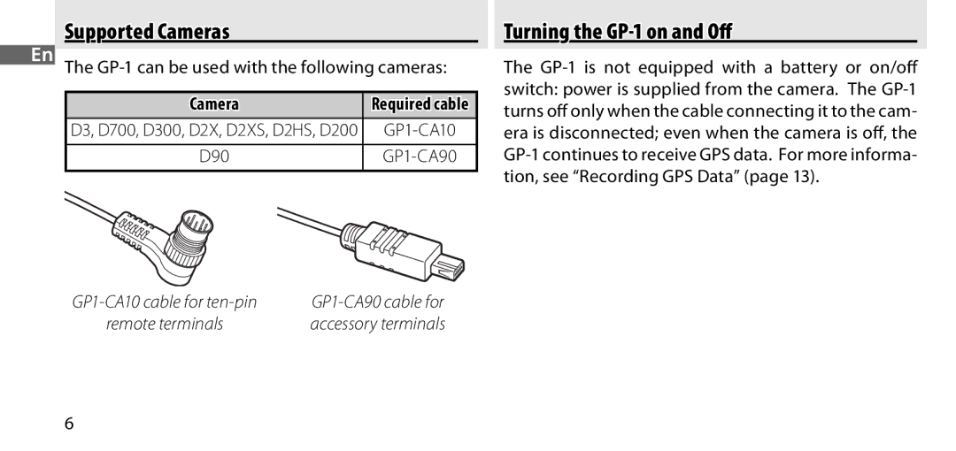 Nikon manual Supported Cameras, Turning the GP-1 on and Oﬀ, GP-1 can be used with the following cameras, Required cable 