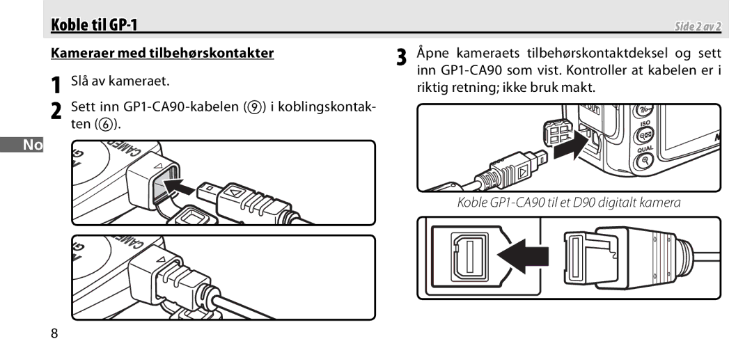 Nikon GP-1 Kameraer med tilbehørskontakter, Åpne kameraets tilbehørskontaktdeksel og sett, Riktig retning ikke bruk makt 