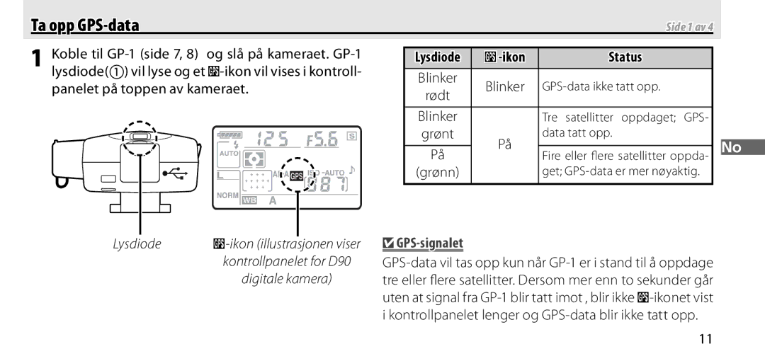 Nikon manual Ta opp GPS-data, Og slå på kameraet. GP-1, Lysdiode vil lyse og et O-ikon vil vises i kontroll 