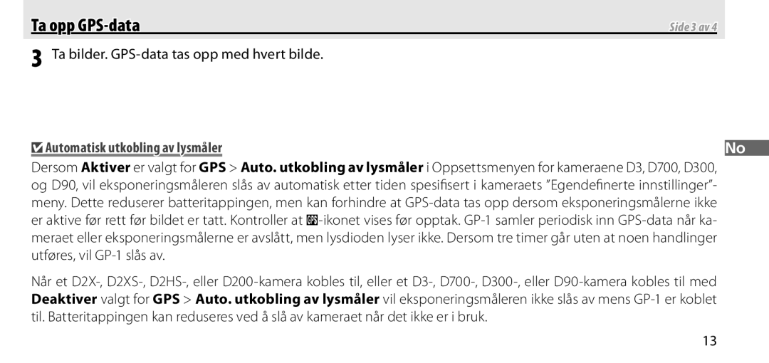 Nikon GP-1 manual Ta bilder. GPS-data tas opp med hvert bilde, Automatisk utkobling av lysmåler, Side 3 av 