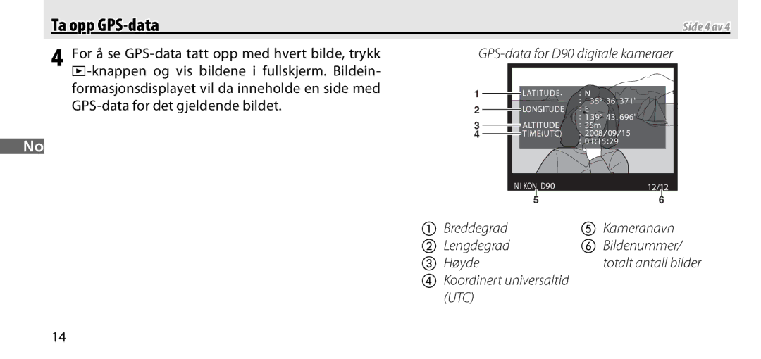 Nikon GP-1 manual For å se GPS-data tatt opp med hvert bilde, trykk, GPS-data for det gjeldende bildet, Side 4 av 