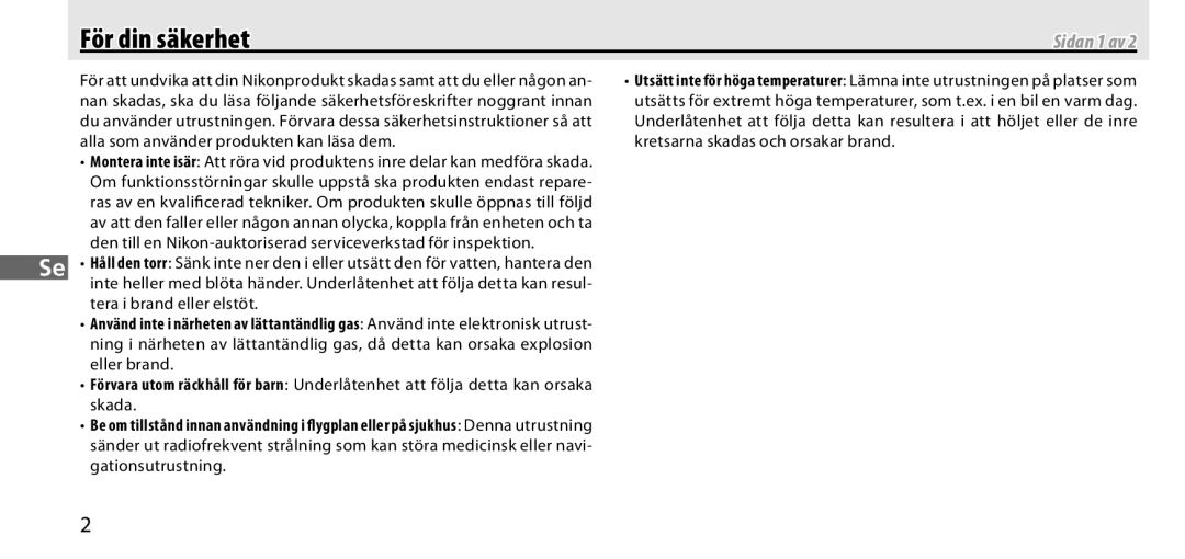 Nikon GP-1 manual För din säkerhet, Sidan 1 av 