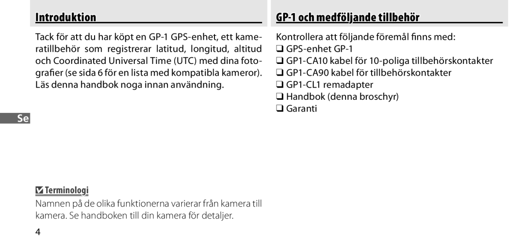 Nikon manual Introduktion, GP-1 och medföljande tillbehör 